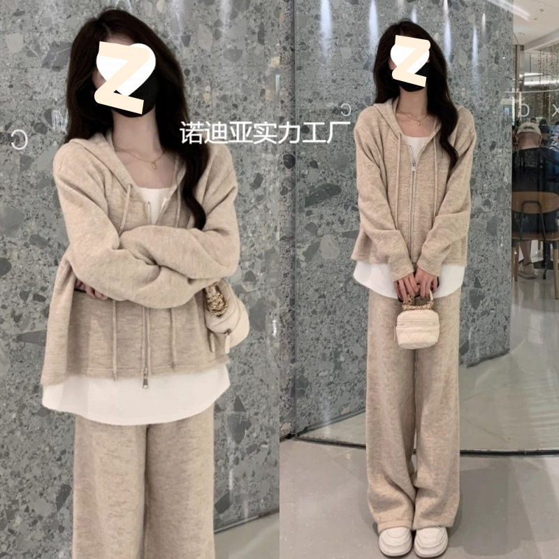 2025年秋秋季套装女新款休闲时尚假两件开衫卫衣宽松阔腿裤两件套