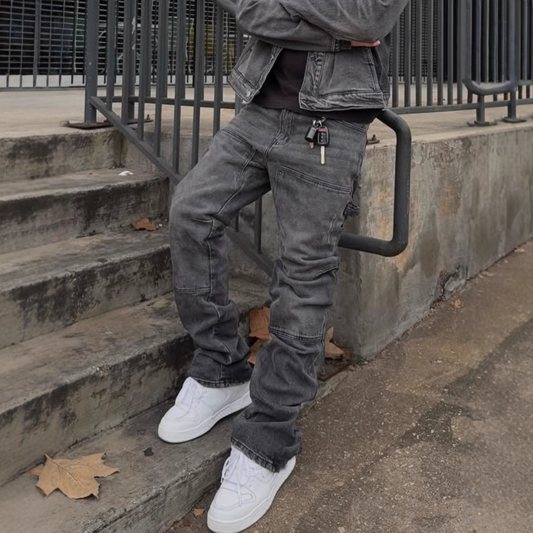 Men's Loose Fit Wide Leg Jeans Casual Ripped Hip Hop Style Stretch Flare Long Pants mid Waist Blue