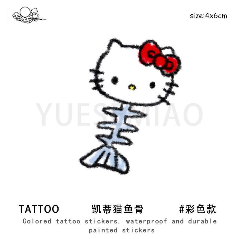 Hello Kitty Fishbone Small Fresh Arm Collarbone Realistic Color Tattoo Sticker Ins Personalized Waterproof Long-Lasting High Value