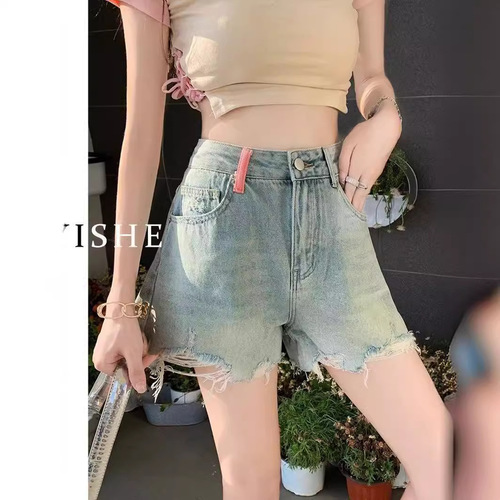 High-waisted denim shorts for women, summer thin model, frayed edge, niche design, trendy and spicy A-line wide-leg hot pants