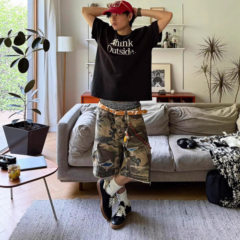 Large Pocket Ripped Patch Denim Shorts Hip-Hop American Retro European and American Style Men's Designer Five-Point Pants