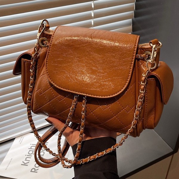 小香风菱格链条单肩包包约姿女士2025新款油蜡皮双肩包通勤机车包