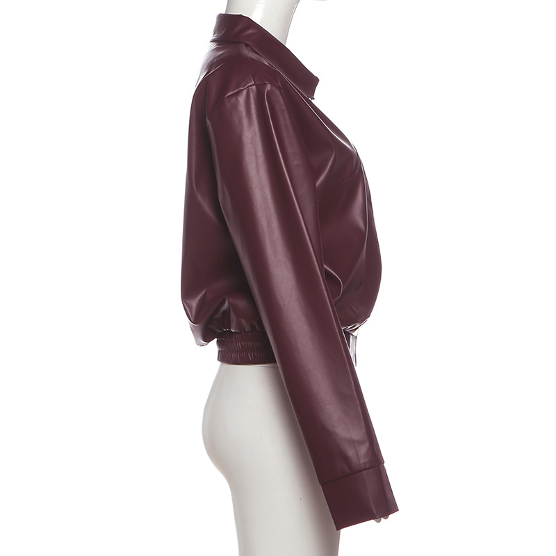 Autumn Winter Collared Zipper Solid Color Casual Poly Urethane Leather Stitching Long Sleeve Coat