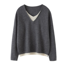 25秋韩系双v领撞色简约净版百搭休闲山羊绒衫女针织衫毛衣假两件