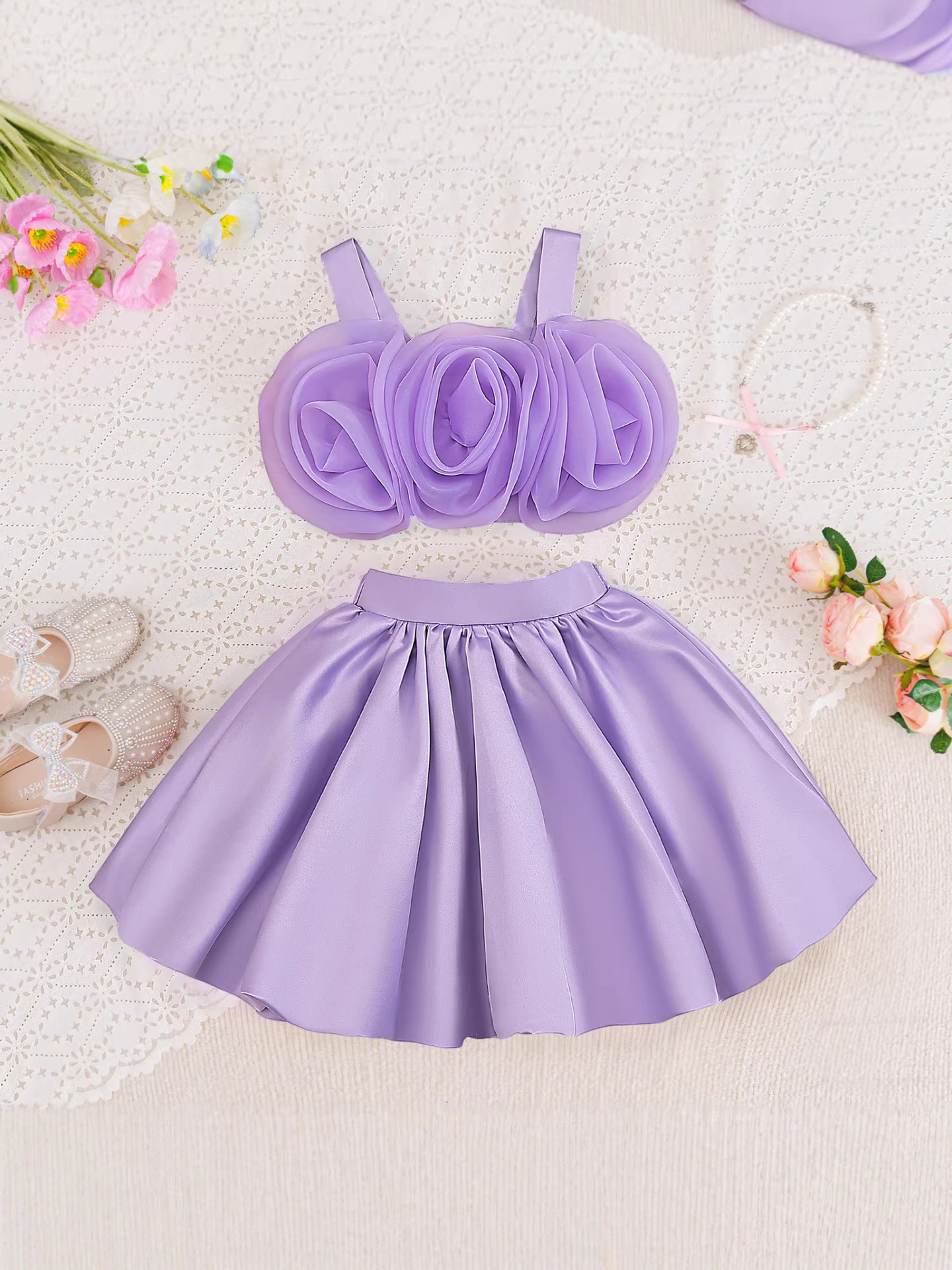 2026 vestidos de niñas dos piezas con flores estereoscópicas floral floreciente vestido de noche de primavera vestido de princesa