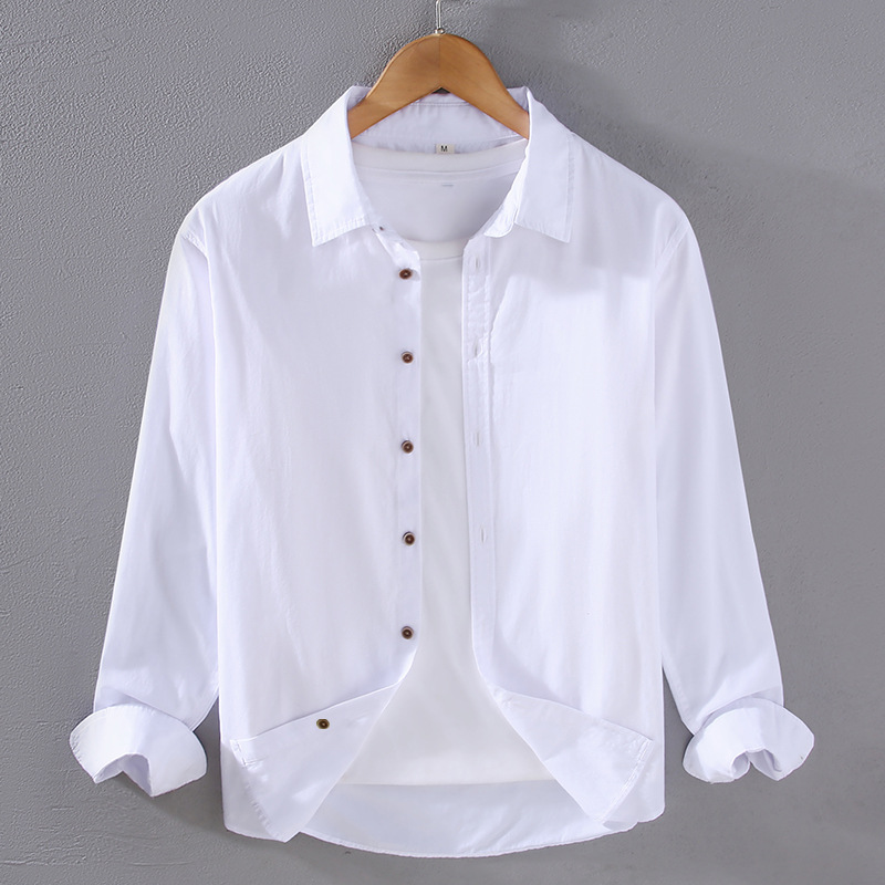 Camicia da uomo bianca versatile primavera ed estate a maniche lunghe sottili giapponesi_voghion.com