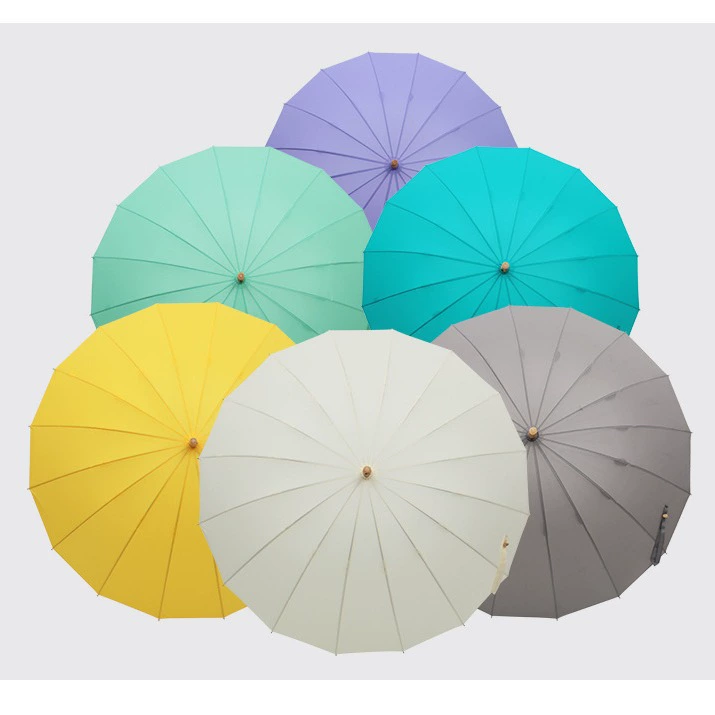 Straight Umbrella (Aila) Bamboo Handle, 16-Rib Automatic, Long Wooden Hook Handle
