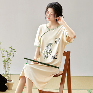 2024 Imitation Cotton Summer Short-sleeved Nightgown, National Trend, New Chinoiserie Women's Pajamas, One-piece Pullover Nightgown, Women's Home Wear