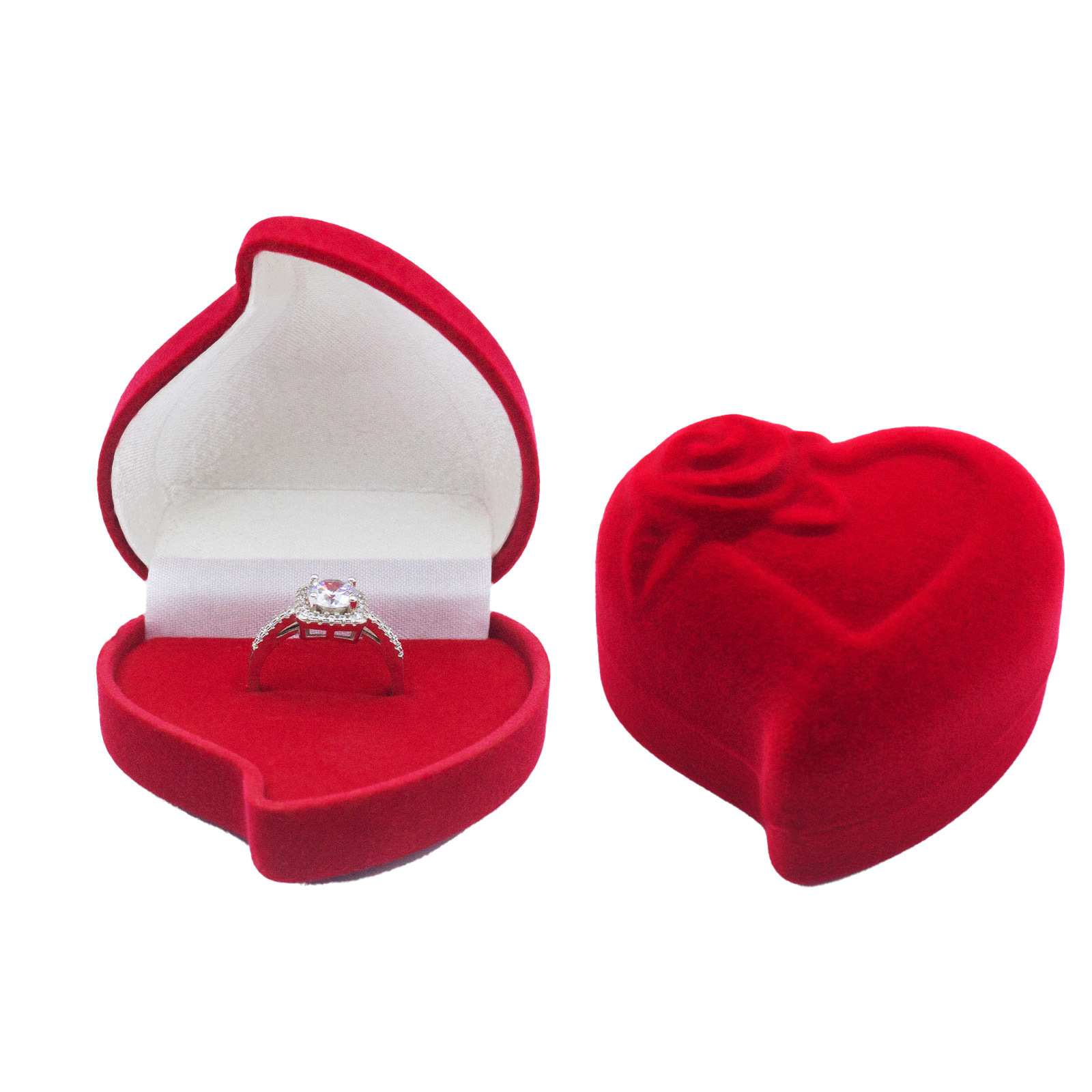 Caja para anillo con forma de corazón, diseño floral inclinado, color melocotón, con exterior rojo, interior blanco y un solo anillo rojo; 60*60*40mm