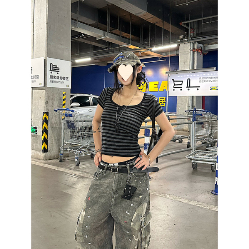 【酷丝螺纹】美式复古辣妹条纹U领正肩短袖T恤女夏季收腰短款上衣|undefined