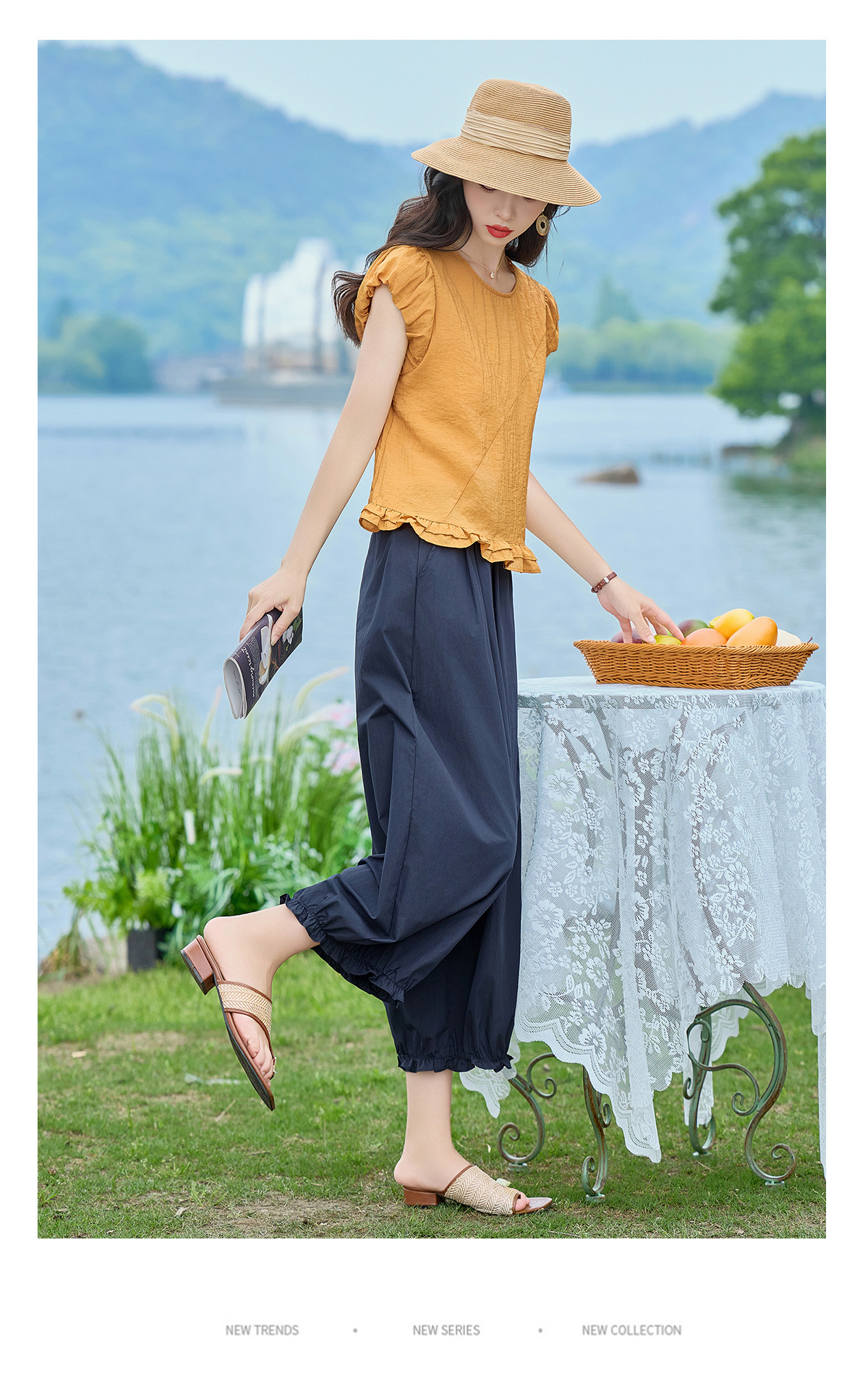 Bộ áo thun cổ tròn tay ngắn + quần ống rộng nữ 2 món mùa hè — màu sắc, màu xanh hồ chi tiết 16