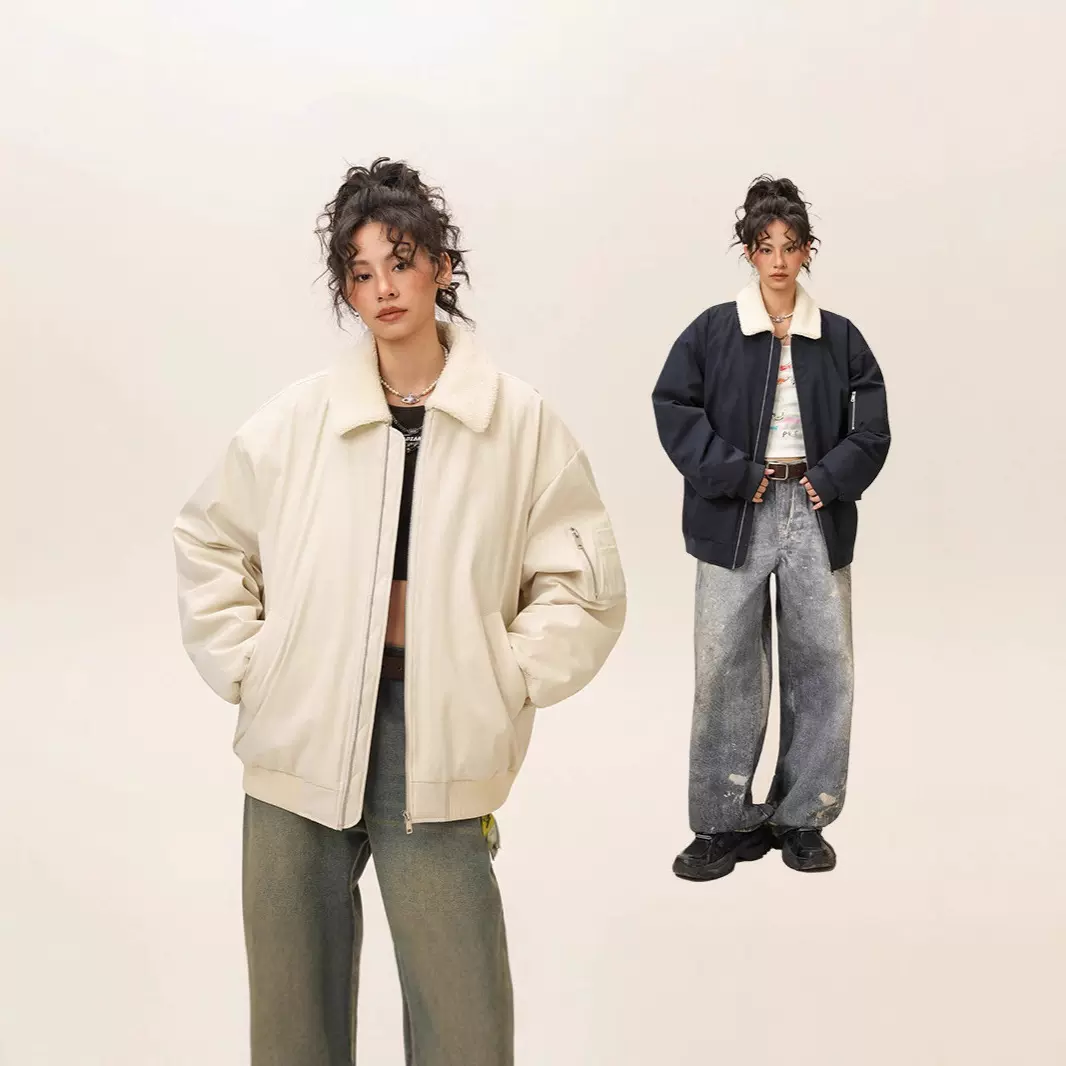 依帆泰女装棉服设计感冬季夹克休闲新款仿羊羔毛翻毛领棉衣外套