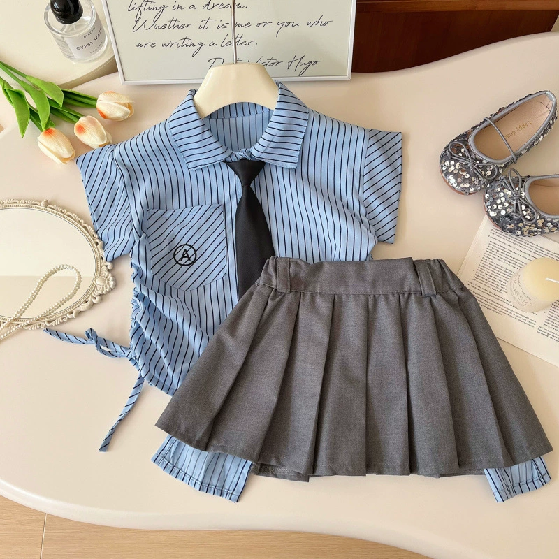 Летняя рубашка, плиссированная юбка, комплект, для детей 3-8 лет