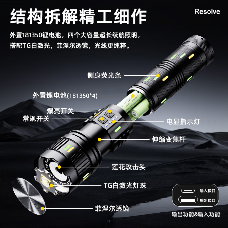 Antorcha de luz fuerte G400 de fluorescencia, disipación de calor de alta velocidad, zoom láser, alta potencia, lumen