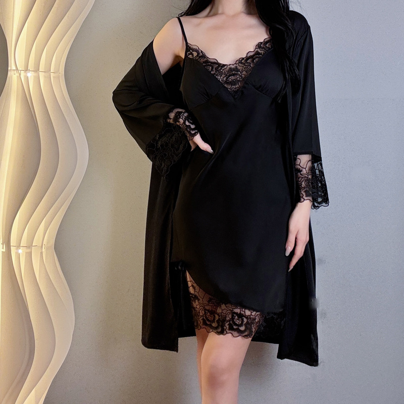 Sexy Pajamas for Women 2025 Spring and Summer New Style Ice Silk Pure Lust Style Lace Suspender Nightgown with Breast Pad Nightgown Two-Piece Set