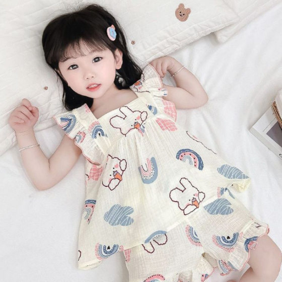 Pajamas Sling Little Girl Summer Thin Girls' Sweet Cherry Bear Foreign-style Children's suit Home Clothes suit