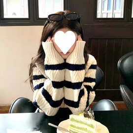 W3T温柔风条纹毛衣开衫女秋冬2025新款松弛感慵懒软糯针织衫短款
