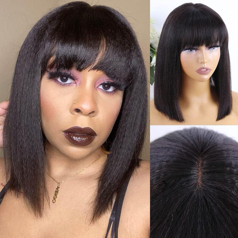 Straight Human Hair Wig with Bangs, Glue-Free Short Bob Wig, Real Human Hair, 2X1 Lace Edge Bob Wig