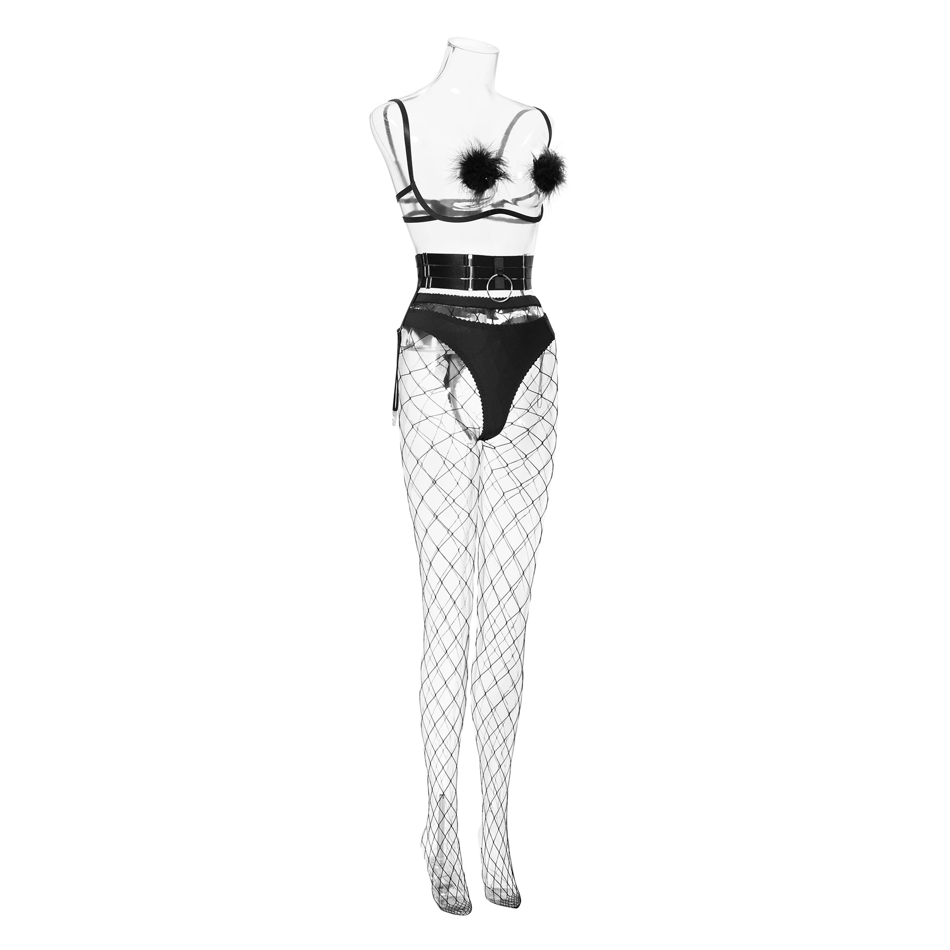 Naughty Pompom Fishnet Lingerie Set