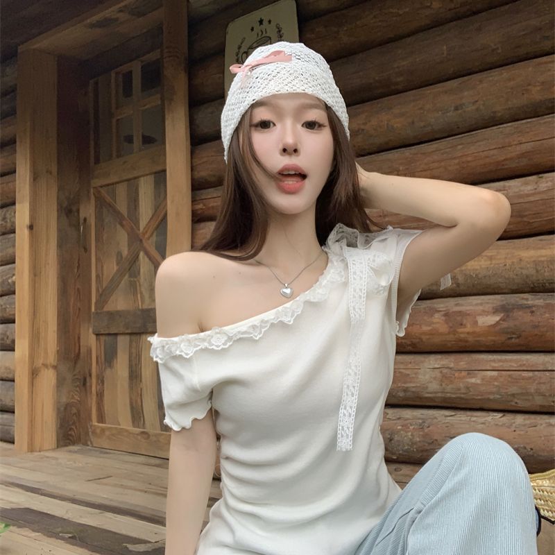 Pure Desire レースオフショルダー半袖 Tシャツレディース夏蝶ネクタイニット韓国風ピンチウエストトップ|undefined