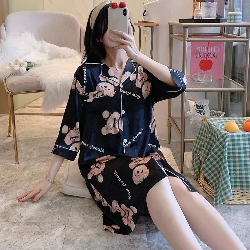 2024 nuevo pijama de seda de hielo mujeres de verano cardigan de manga corta pijama largo medio delgado sexy ropa de hogar suelta