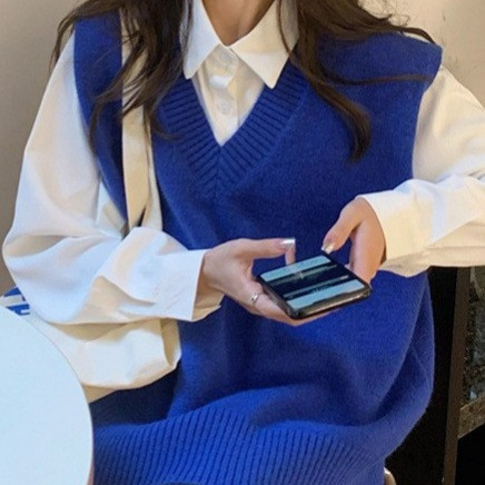 韓国版ソリッドカラールーズウェアvネックニットベスト女性用2025秋新作カジュアルレイヤードノースリーブセーター|undefined