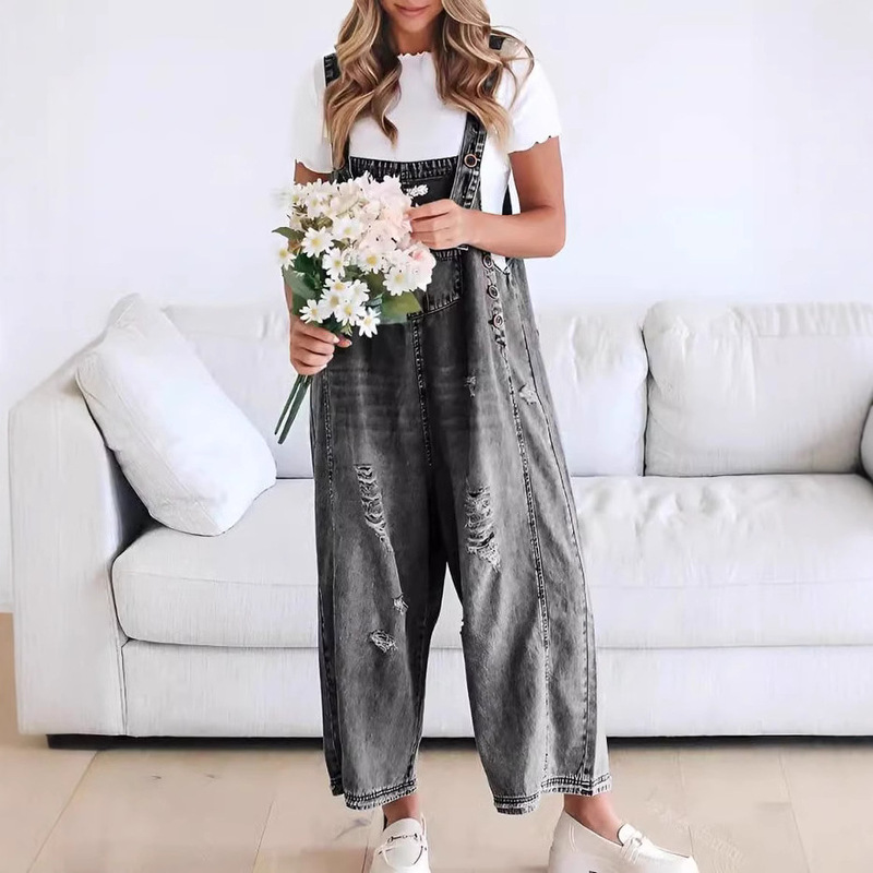 2025 New European and American Cross-Border Fashion Retro Distressed Ripped Loose Wide-Leg Comfortable Casual Denim Jumpsuit for Women 2025 New European and American Cross-Border Fashion Retro Distressed Ripped Loose Wide-Leg Comfortable Casual Denim Jumpsuit for Women