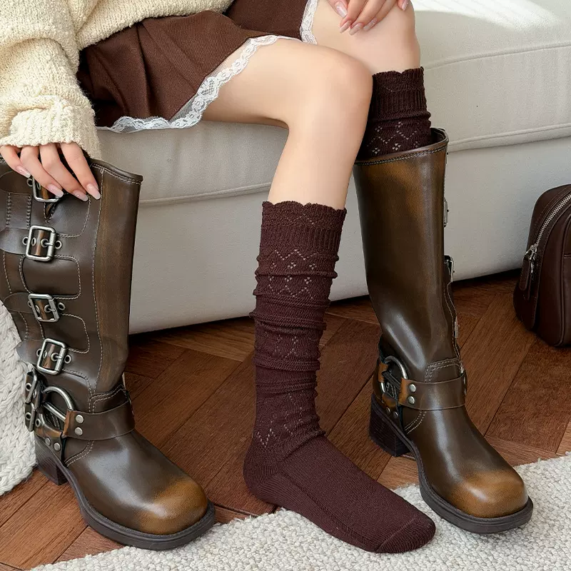 阿程家批发袜子纯棉小腿袜女春秋复古长筒透气百搭显瘦镂空堆堆袜