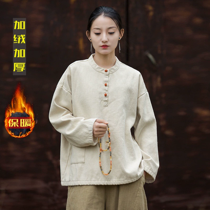 Новая женская футболка из хлопка и льна весна-лето 2025: художественный ретро-стиль, воротник-стойка, новый китайский стиль, цветные блоки, пуговицы, утепленный флис