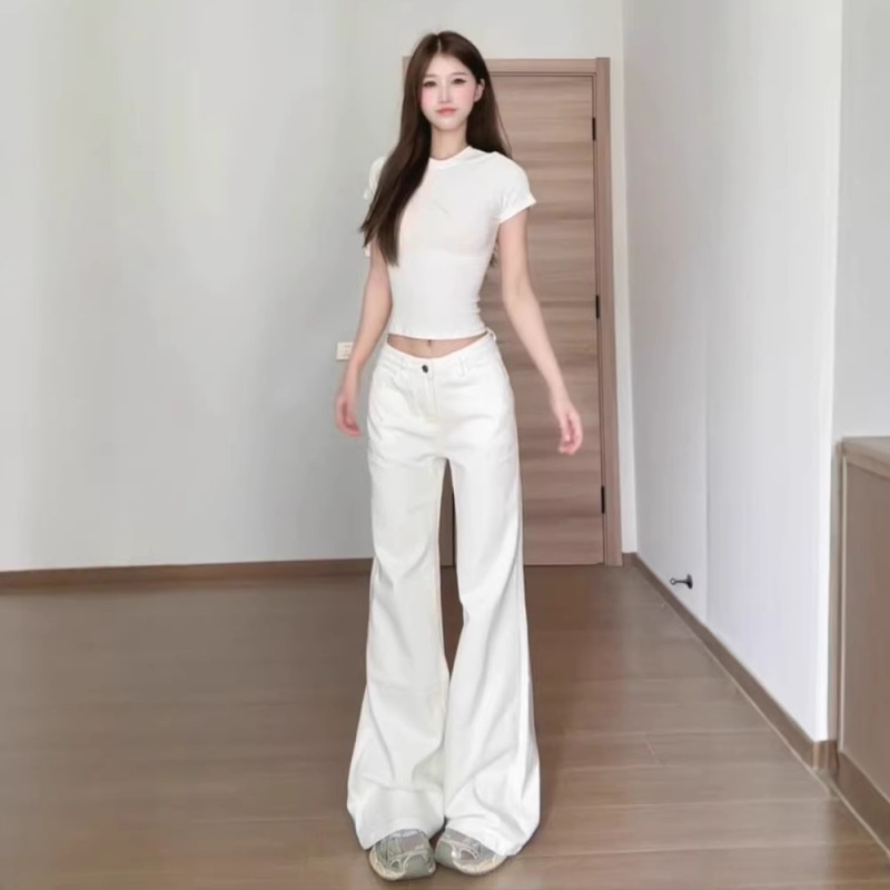 White Low-Waist Stretchy Flared Jeans for Women, Spring Loose Fit, Non-Tight Flared Pants, Women's White Denim Pants