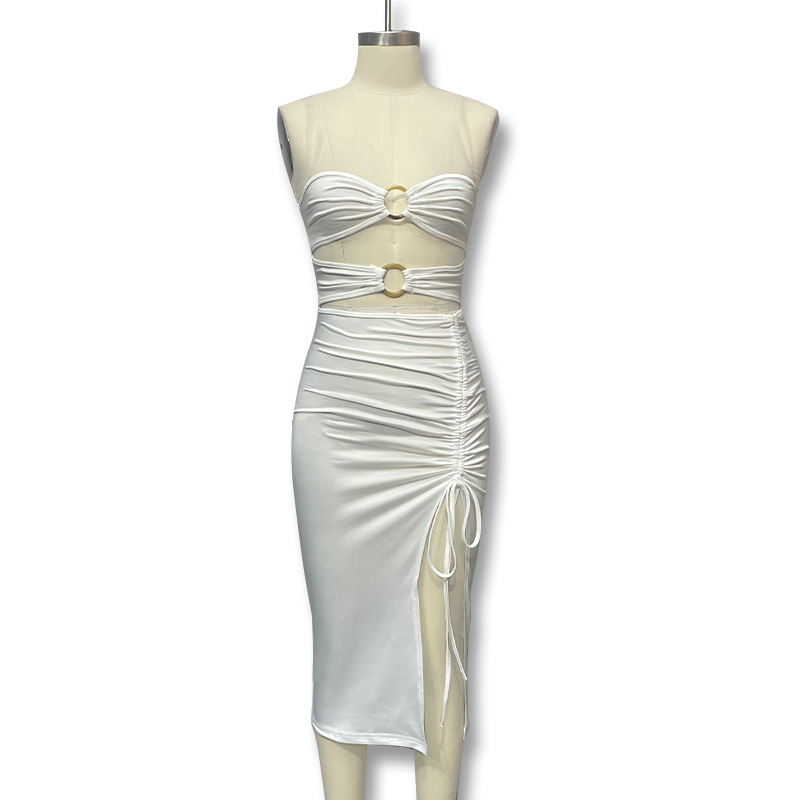 Estilo caliente transfronterizo europeo y americano 2024 verano nuevo estilo de mujer vestido de cadera de un solo hombro sexy hueco de alta abertura