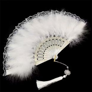 Feather Fan Lolita Dance Cheongsam Catwalk Ancient Costume Han Dynasty Photo Ancient Style Folding Fan Popular Fairy Lace Fan