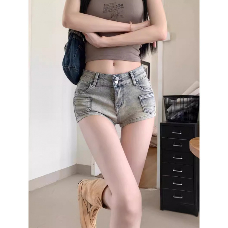 2025 Retro Washed Blue Denim Shorts Women's Summer Sexy Low-Waist Straight Pants Tight Casual Hot Pants