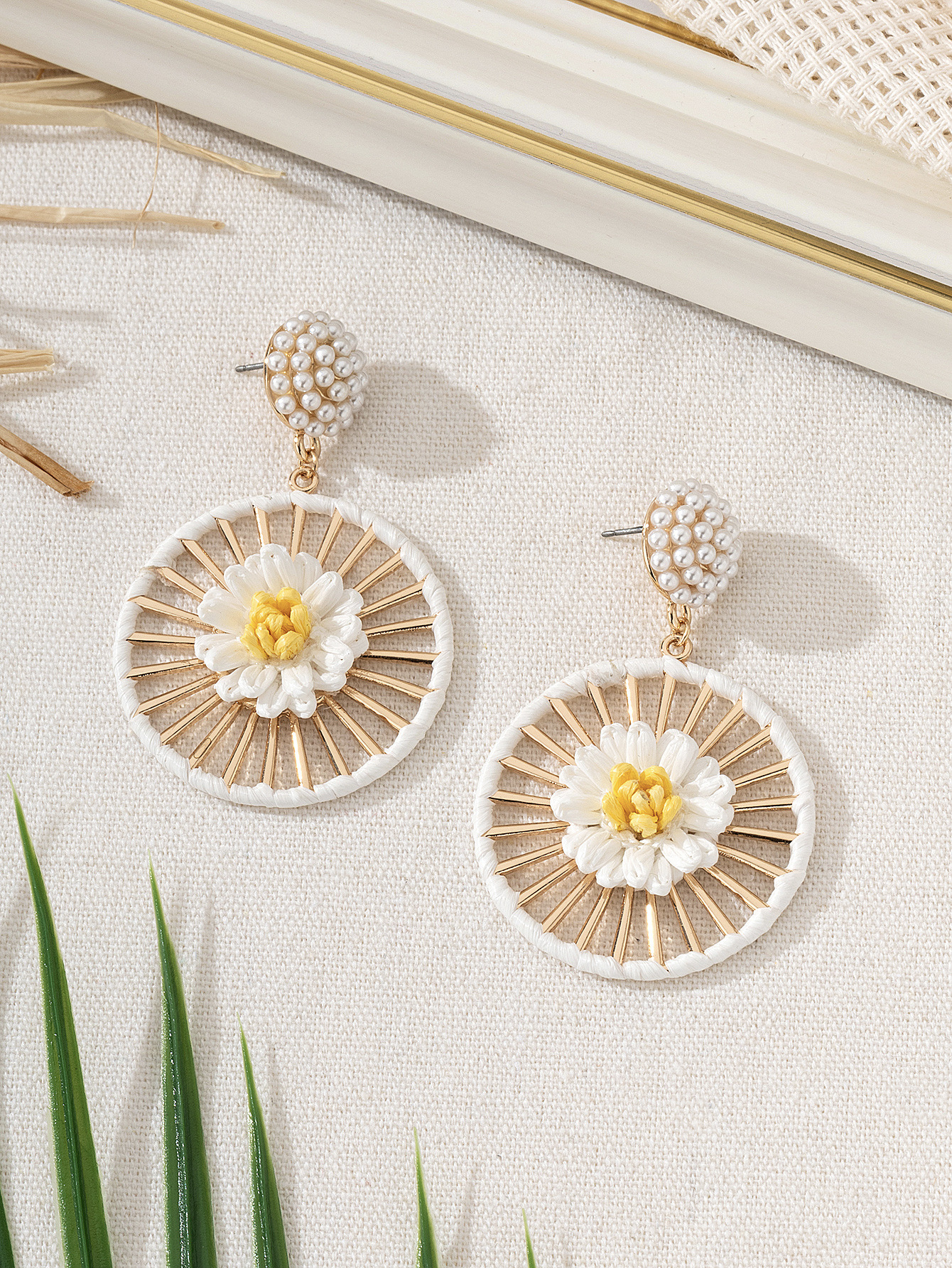 1 Pair Sweet Flower Imitation Pearl Raffia Drop Earrings display picture 4