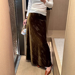 丝绒印金半身裙女秋冬松紧腰斜裁高腰显瘦百搭侧开叉鱼尾裙长裙子