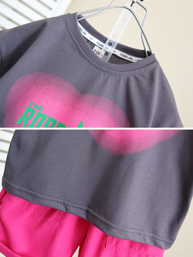 5529 Traje de verano para bebés Traje de dos piezas de manga corta de verano para niños 2025 Nuevo estilo de verano Estilo de media manga de calle frita