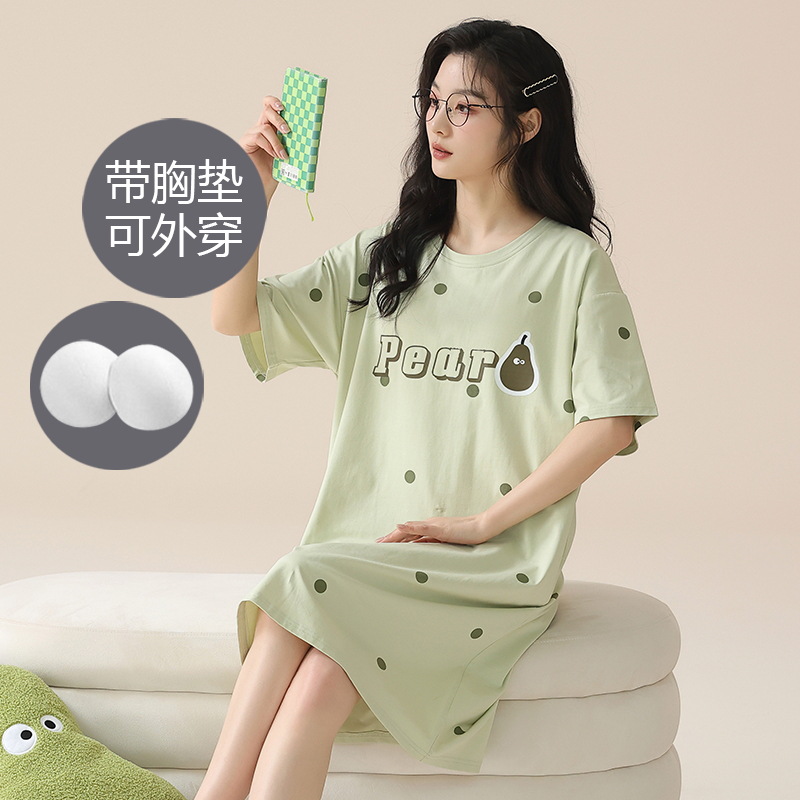 2024 verano corbata redonda cojín en el pecho pijama mujer camisón de dibujos animados estampado de manga corta se puede usar falda delgada de longitud media para niña