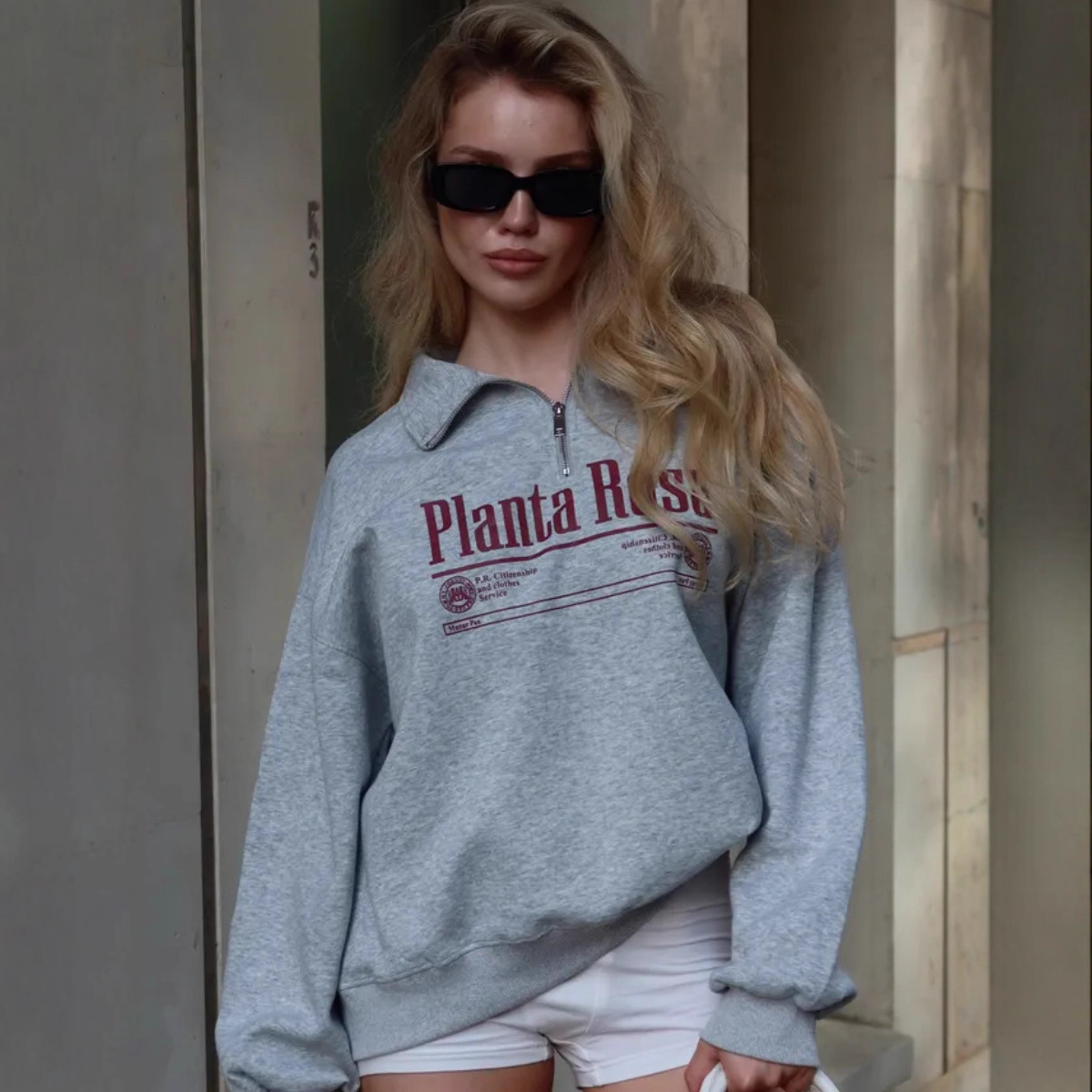 Autumn and Winter New American Style Lazy Style Letter Print Loose and Versatile Trendyy Warm Lapel Half-Zip Sweatshirt for Women