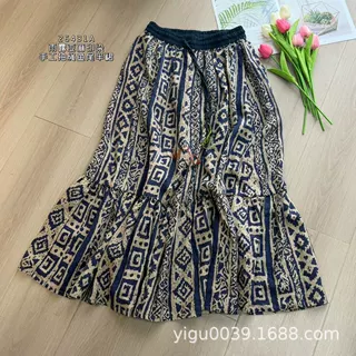 26431A忆古朴拙雨露亚麻印染手工抽绳鱼尾半裙 松紧腰抽绳 夏季薄