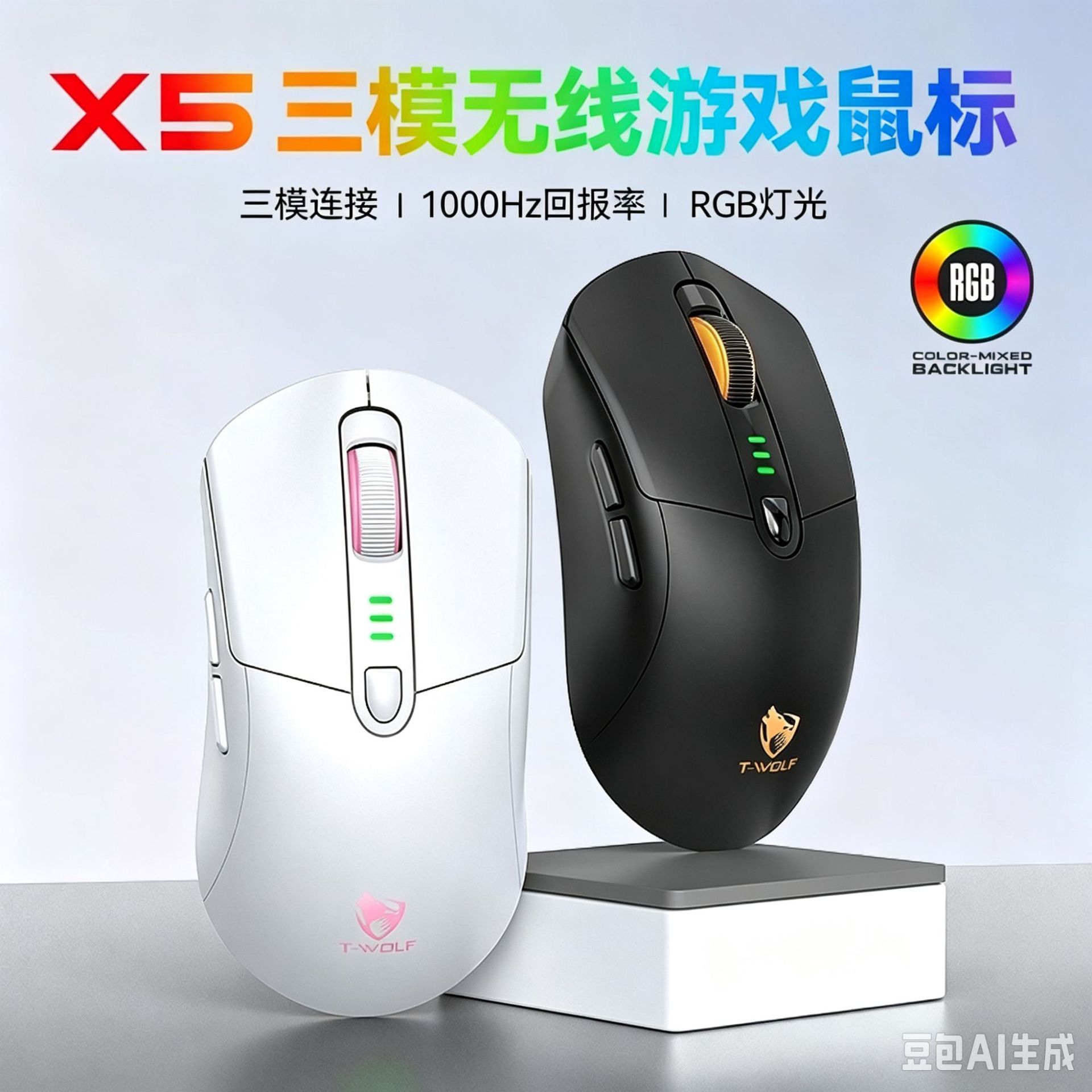 T-Wolf X5 Gaming Wireless Bluetooth Mouse with Three Modes, Power Display, Rgb Running Lights, and Anti-Slip Stickers