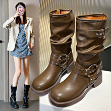 2024新款长靴英伦风女靴皮带扣复古西部高筒靴粗跟牛仔靴网红骑士