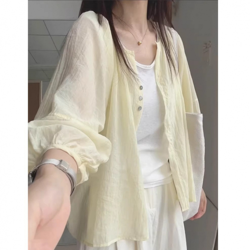 女性用日焼け止めシャツジャケット、夏用軽量カーディガン、ゆったりとした万能な長袖シャツ、ノーカラーショートトップ|undefined