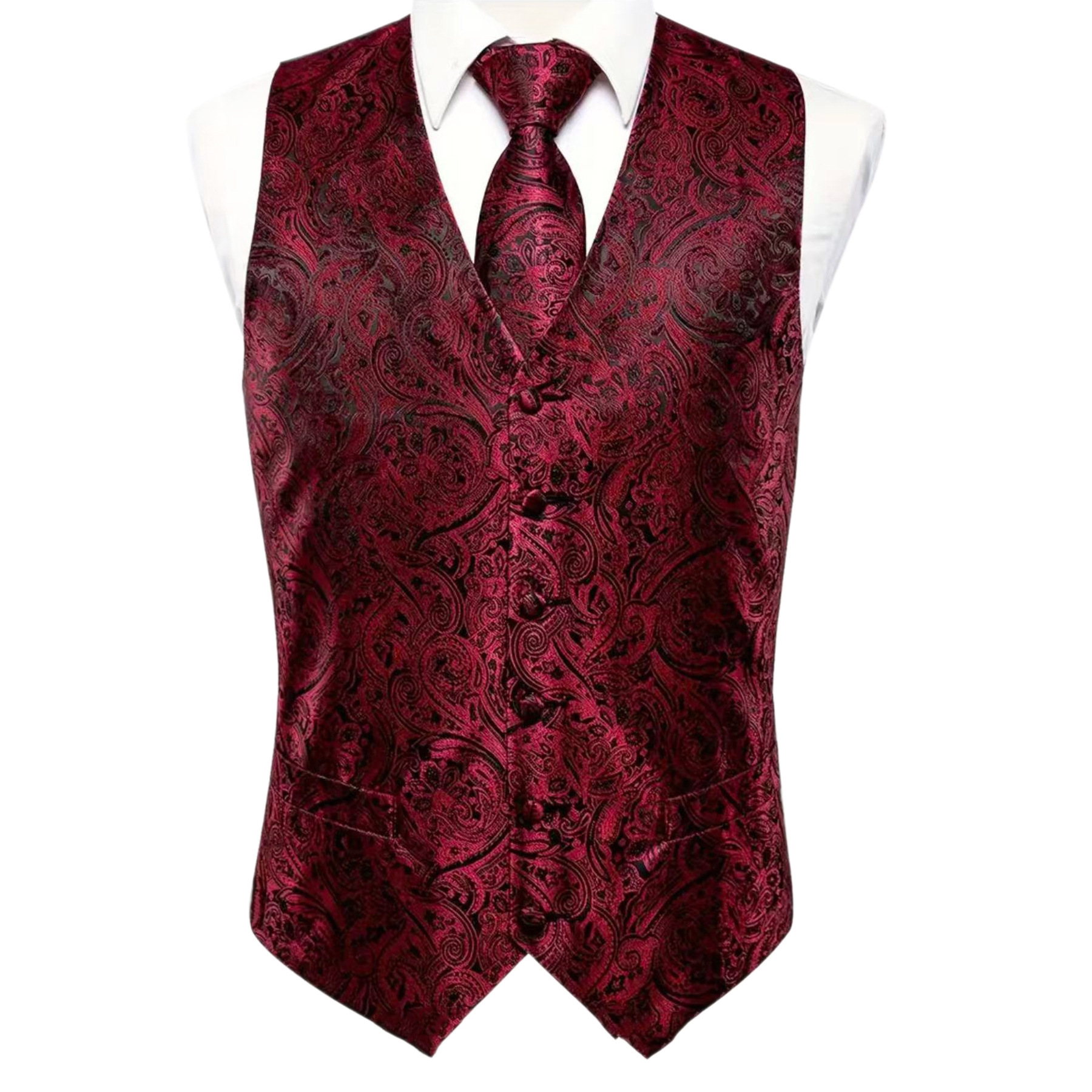 Men's Paisley Print Waistcoat Vest & Tie Set With Pocket Square | Elegant Slim-Fit Formal Casual Matching Set_voghion.com