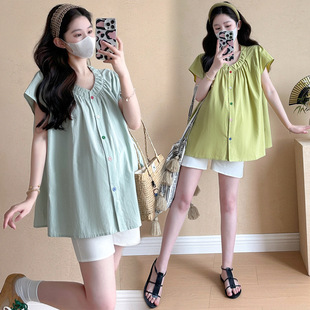 Maternity Half-Sleeved Top Shirt Pure Cotton Summer 2025 Summer Loose Large Size Cardigan Maternity Shirt Doll Shirt
