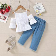 Samgami Baby Girls' Summer Set with Lace-Trimmed Top and Embroidered Denim Pants Fashion Two-Piece Set