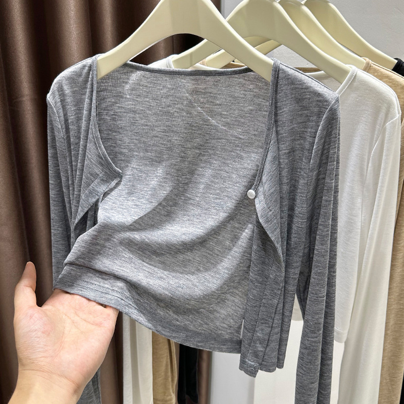 Gray Sun Protection Cardigan, Thin Women's Summer Suspender Skirt, Waistcoat, One-Button Ice Silk Knitwear, Shawl Jacket