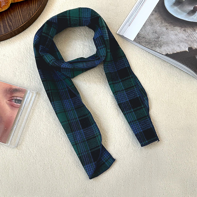 Pañuelo de seda largo, bufanda delgada y estrecha a cuadros retro de alta calidad, bufanda versátil, pañuelo en la cabeza, cinturón decorativo para el cabello