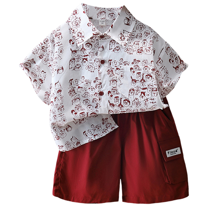 7320 traje de camisa de flores de manga corta para niños 2025 nueva ropa de moda de verano para niños, traje delgado de dos piezas