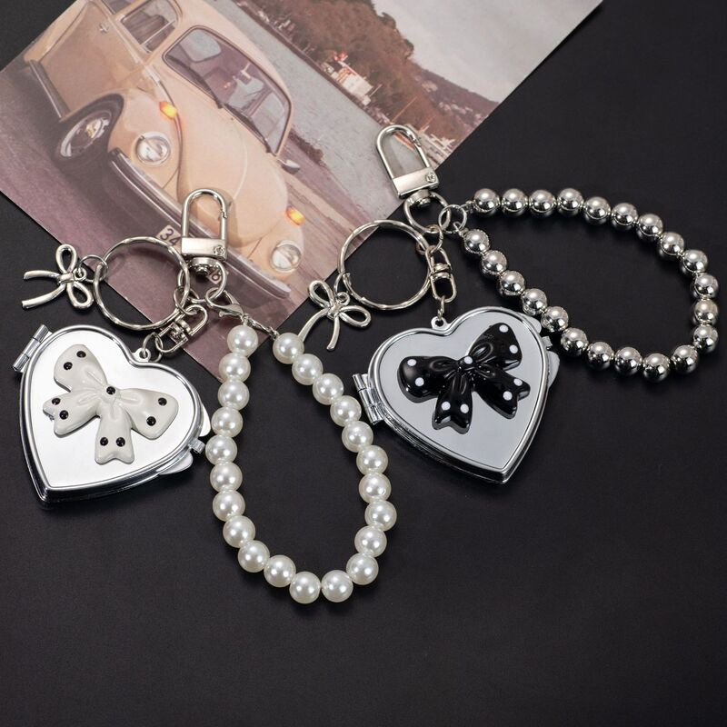 New Creative Ins Silver Ccb Bead String Double-Sided Heart Mirror Keychain Bow Decorative Bag Pendant New Creative Ins Silver Ccb Bead String Double-Sided Heart Mirror Keychain Bow Decorative Bag Pendant