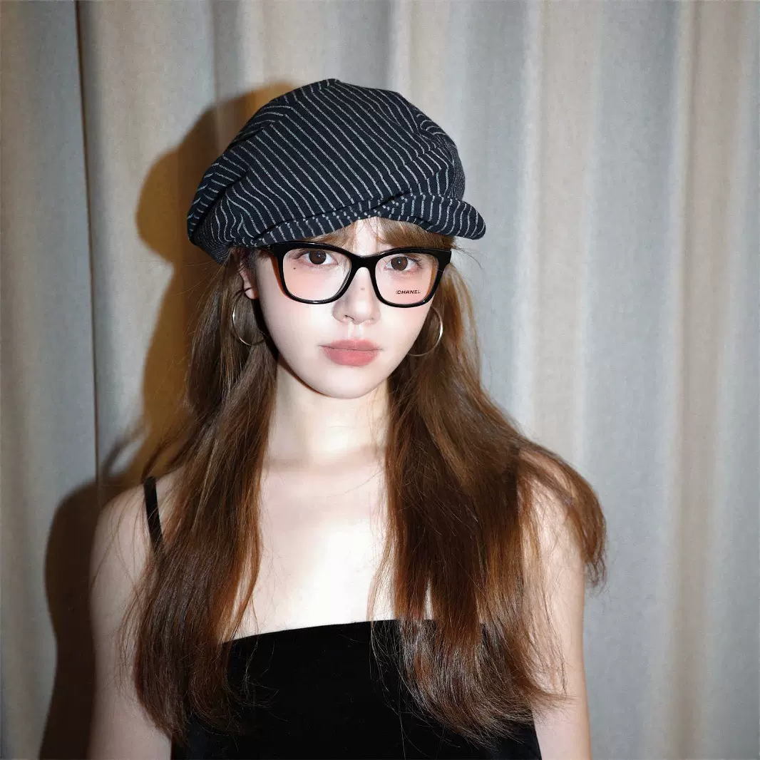 日系文艺条纹报童帽复古画家帽棉麻贝雷帽女八角帽透气显脸小帽子